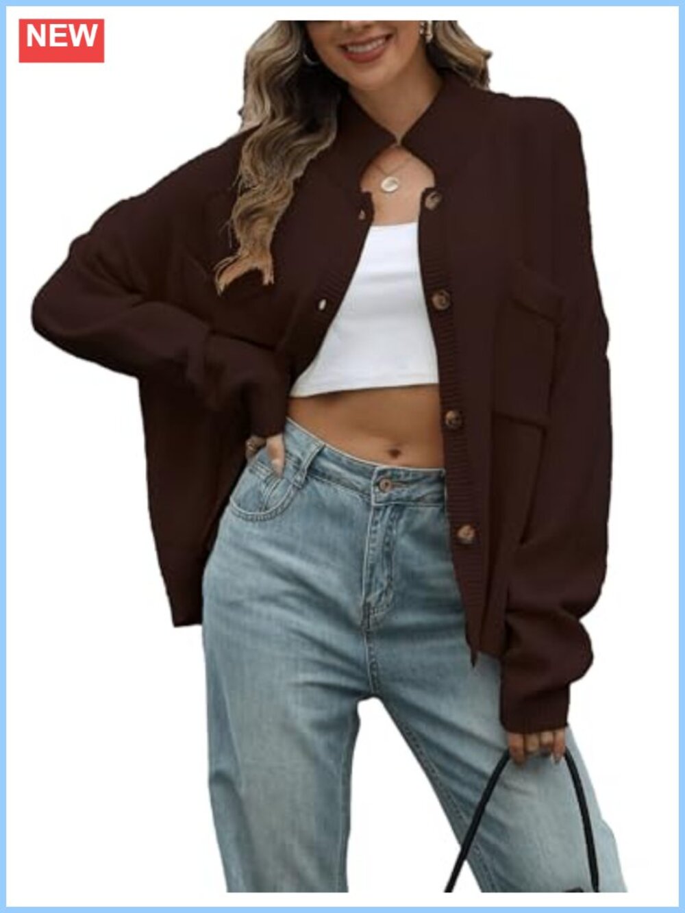 Lightweight Button Down Knit Cardigan Long Sleeve High Neck Pockets
